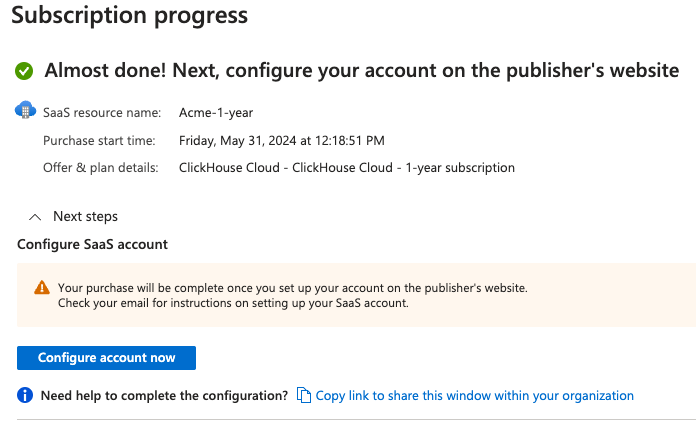 Azure Marketplace configure account now button